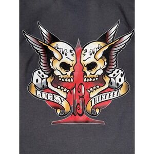 Vintage Lucky 13 Red Kap Shirt Medium Gray Stiched Logo Skulls Dice Ace